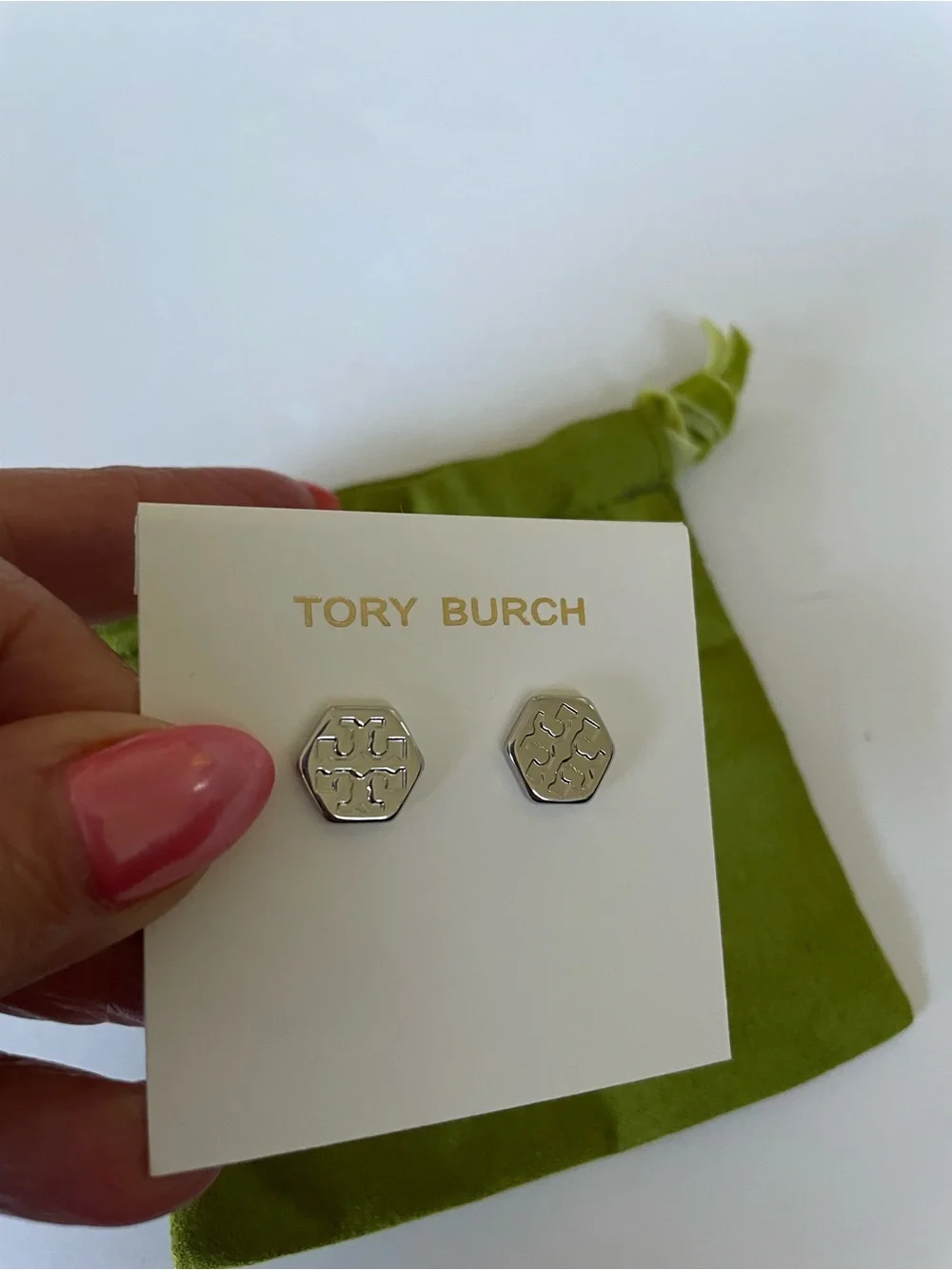 Tory Burch Silver Hexagon Logo Stud Earrings